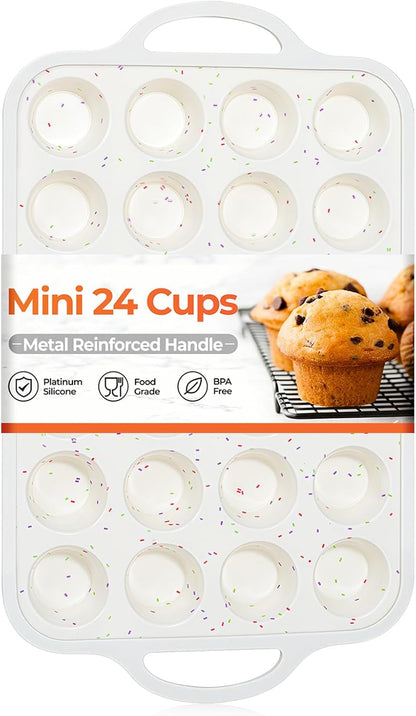 CAKETIME Mini Muffin Pan, Metal Reinforced Frame Mini Cupcake Pans 24 Cups Nonstick Muffin Silicone Molds with Handle for Baking Muffins, Cupcakes, Egg Bites 2 Pack