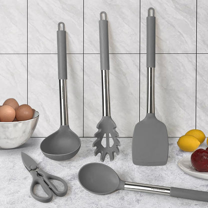 Kitchen Utensils Set-Silicone Cooking Utensils-33pcs Non-Stick Silicone Cooking Kitchen Utensils Spatula Set with Holder-Best Kitchen Cookware with Stainless Steel Handle (Khaki)