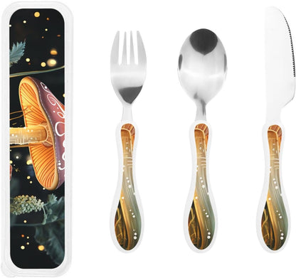 3-Piece Kids Silverware Set With Storage Case, Stainless Steel Reusable Children Safe Knife Spoon Fork Set Parrots On Branches Children Flatware Set For Kids Lunch Box