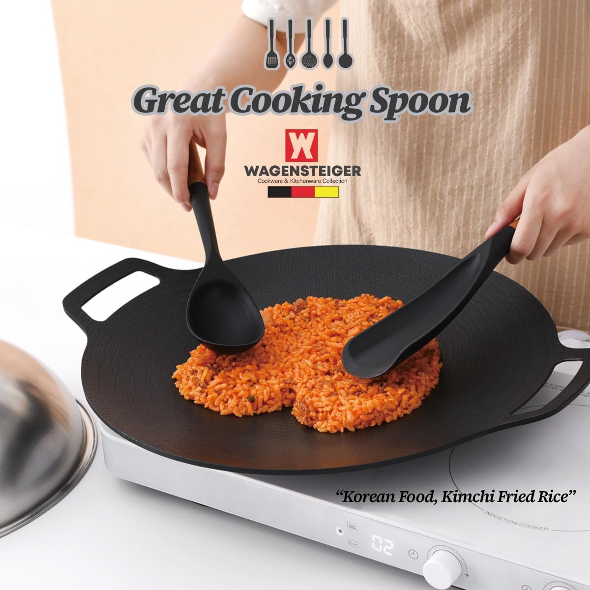 Cooking Ladle: Silicone Kitchen Utensil with Long Wooden Handles, Heat Resistant Cookware, Protects Surfaces with Gentle Head Design, Portion Batter, Professional Chef Wok Soup Ladle