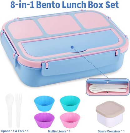 Bento Box Adult Lunch Box, Lunch Containers for Kids Girls Boys with 4 Compartments, Lunchable Food Container with Utensils, Sauce Jar, Muffin Liners, 40 Oz/5 Cup, Microwave Safe, Lavender