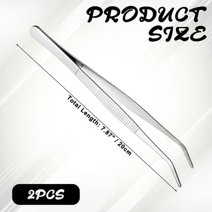 2 PCS 8 Inch Stainless Steel Tweezers with Curved Serrated Tip Kitchen Long Tweezers Set Heavy Duty Sewing Machine Tweezer Long Aquarium Tweezer Reptile Feeding Tongs for Cooking Crafting Repairing
