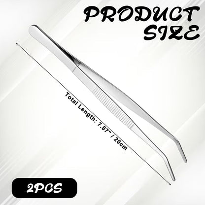 2 PCS 8 Inch Stainless Steel Tweezers with Curved Serrated Tip Kitchen Long Tweezers Set Heavy Duty Sewing Machine Tweezer Long Aquarium Tweezer Reptile Feeding Tongs for Cooking Crafting Repairing