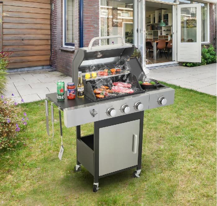 3-Burner Propane Gas Grill, 30,000 BTU Stainless Steel Outdoor BBQ Grill with Lid, Side Shelves & Wheels for Patio, Garden and Backyard Cooking