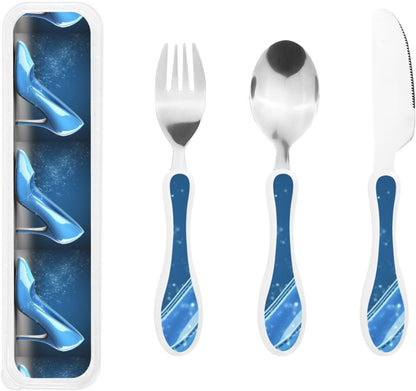 3-Piece Kids Silverware Set With Storage Case, Stainless Steel Reusable Children Safe Knife Spoon Fork Set Blue Lotus Floral Children Flatware Set For Kids Lunch Box