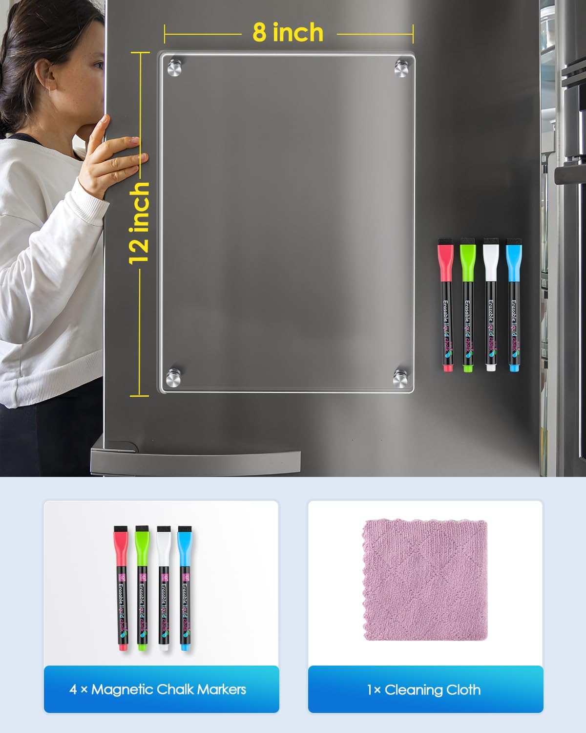 MaxGear Acrylic Magnetic Whiteboard for Fridge, 12 x 8 Inch Dry Erase Board | Durable Acrylic Material, Powerful Magnets, Smooth Writing and Easy Cleaning for Grocery Lists, Meal Plans, and Reminders