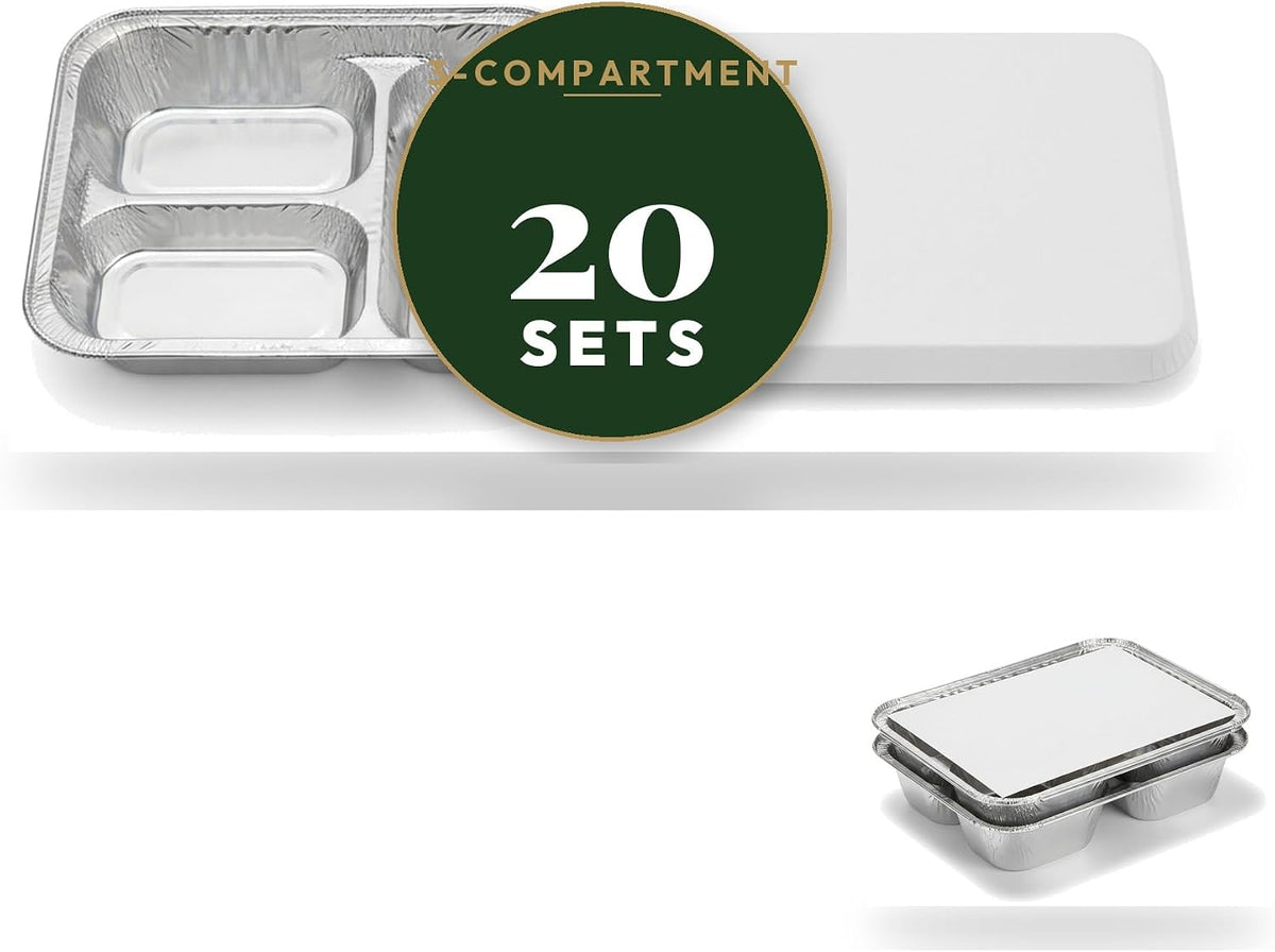 8.5x6.5x1.5 Inch 3-Compartment Aluminum Foil Tray with Paperboard Lid, 20 Sets | Commercial Disposable Combo Pack for Catering, Takeout, Meal Prep
