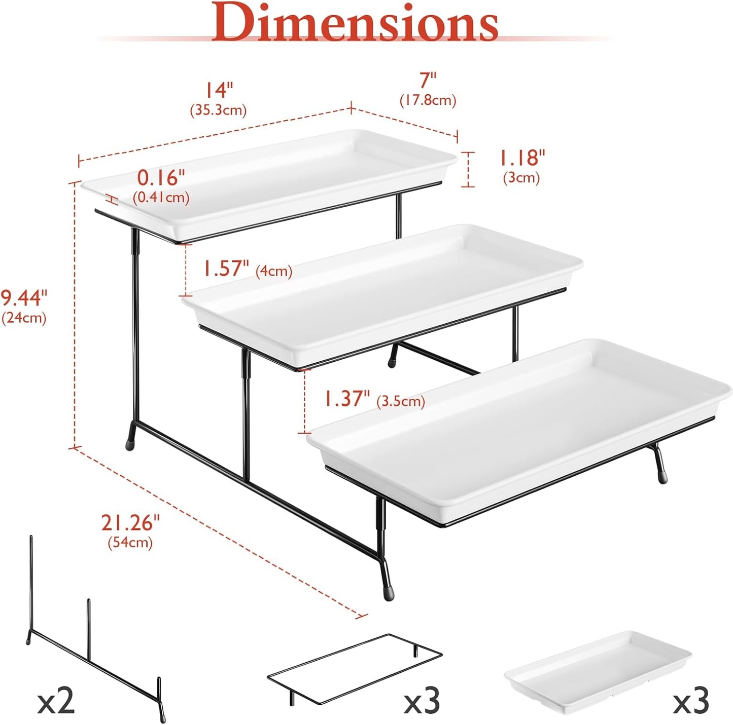 3-Tier Melamine Serving Tray Set, 11.5" x 5.6" Platters for Serving Food, Black Reusable Trays with Black Metal Display Stand for Cupcakes, Sevring Food, Dessert, Fruit, Cookie, Gold
