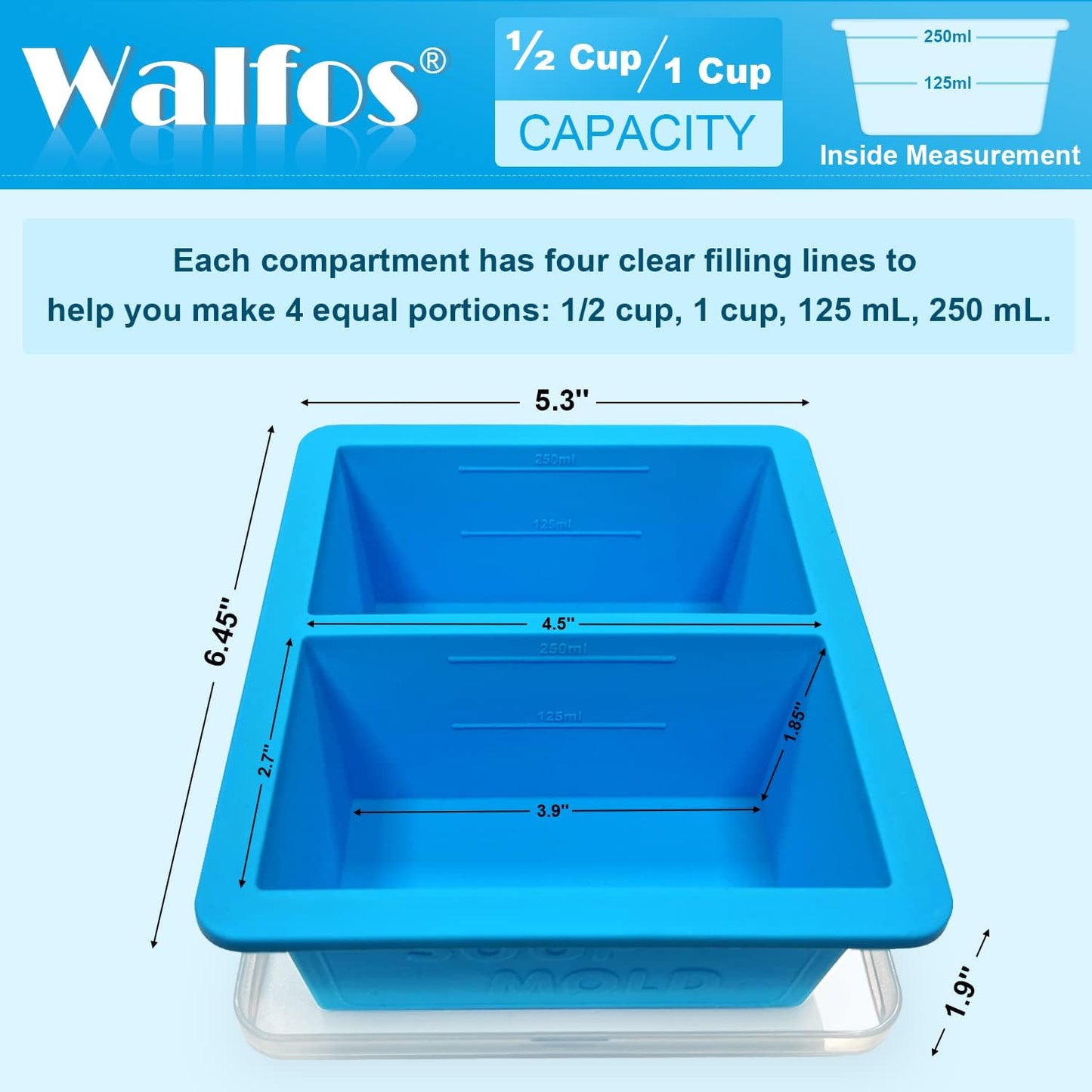 Walfos Silicone Freezer Tray with Lid - 1.5Cup Silicone Food Freezer Tray - Soup, Sauce, leftovers, Homemade Meal Prep Freezing Kitchen Storage Containers - 4pcs-blue