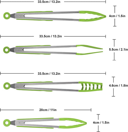 4in1 Stainless Steel Kitchen Food Tongs Set for Cooking with Silicone Tips, Toaster Steak Pie Pizza Pasta Spaghetti Noodles Salad Fruit Vegetable Grill BBQ Buffet Clamp Serving Tools Gadgets