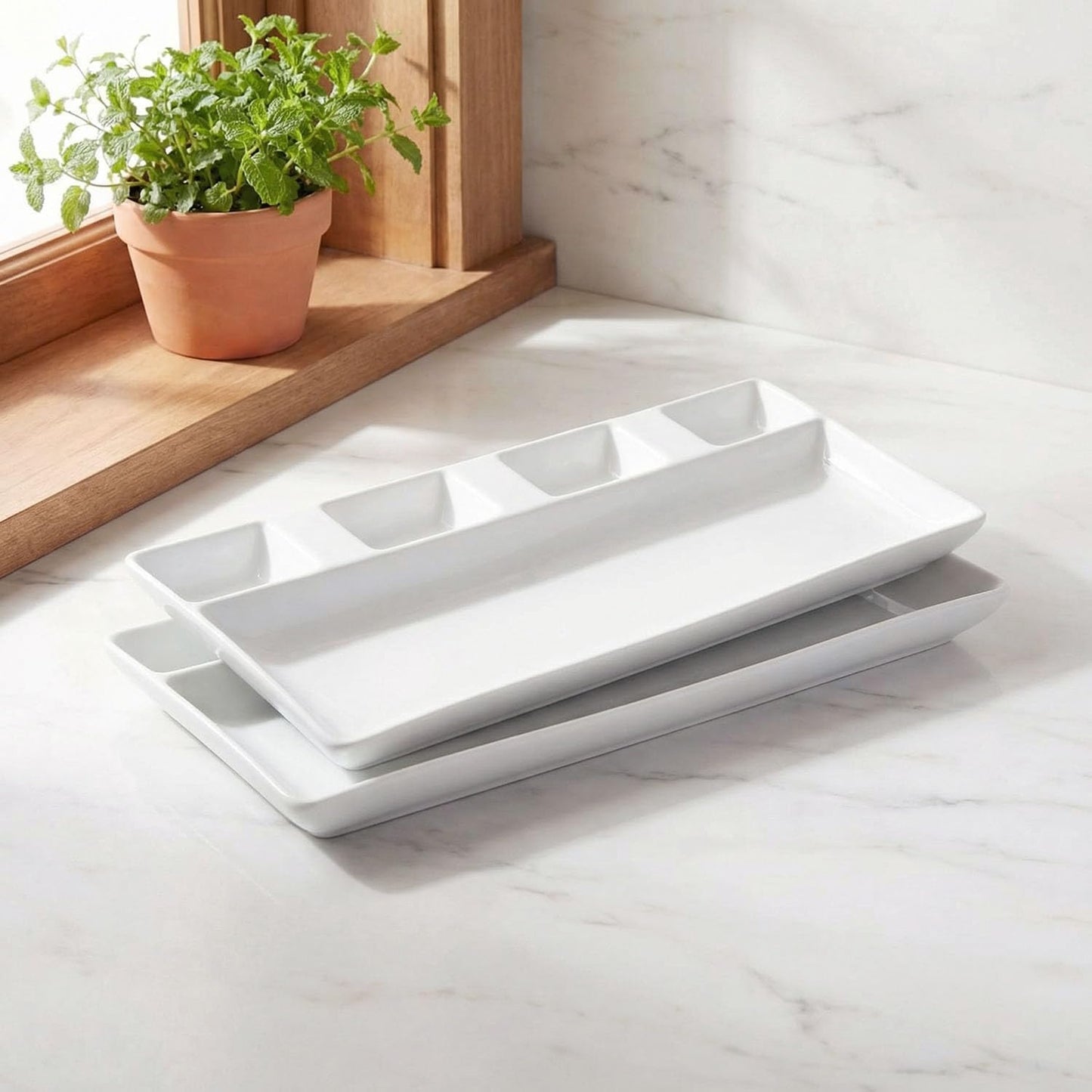 Chip and Dip Serving Set Porcelain Tray Deep Divided Bowl,Set of 2 Divided Platters/Divided Bowls,Lunch&buffet tableware,for Dishwashers,microwaves,ovens safety 13.9 Inch