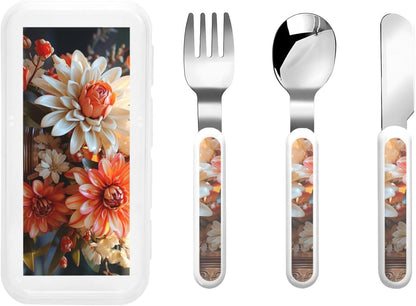 3-Piece Children Utensils Set Orange Flowers Knife Spoon Fork Set Stainless Steel Silverware Set Easy-Grip Reusable Utensils Set Child Flatware Set with Case for Lunch Travel