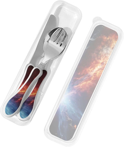 3-Piece Kids Silverware Set With Storage Case, Stainless Steel Reusable Children Safe Knife Spoon Fork Set Blue Active Girl Running Sunset Children Flatware Set For Kids Lunch Box - Colors B