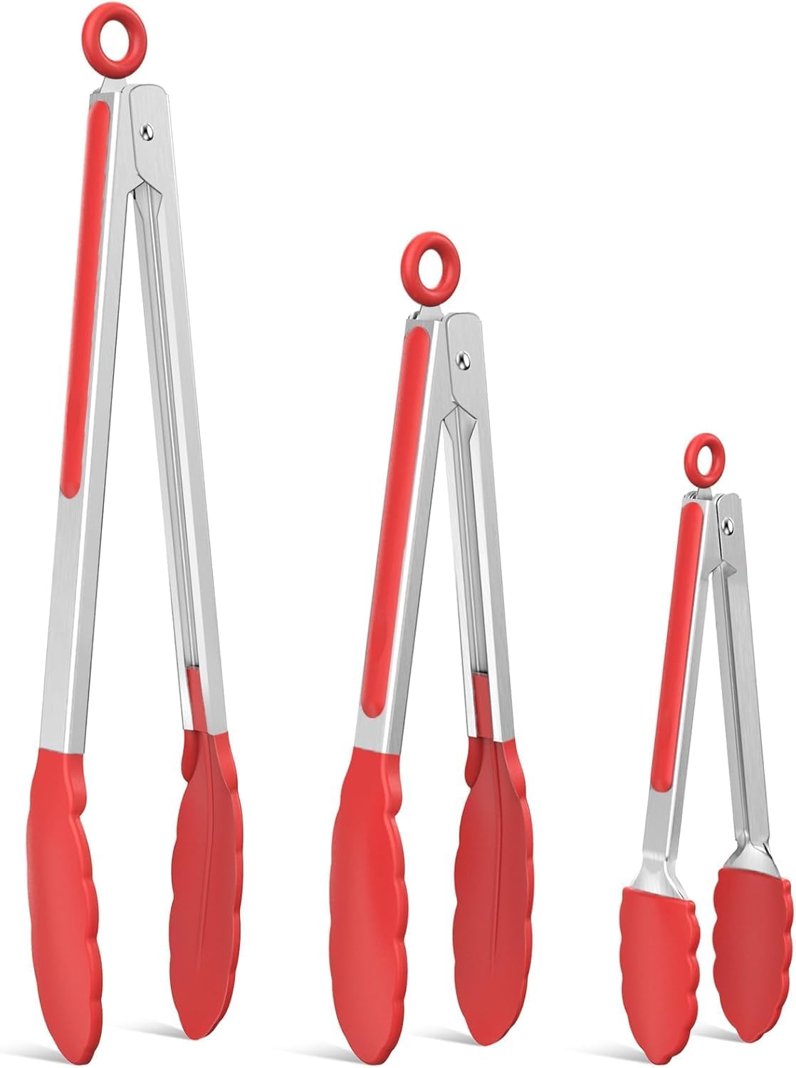 Tongs For Cooking - Heat Resistant 600 Degrees Stainless Steel Kitchen Tong,Heavy Duty Metal Locking Tongs - Perfect for Food,Salad and BBQ set of 3 (7",9" and 12") Dishwasher (Red)