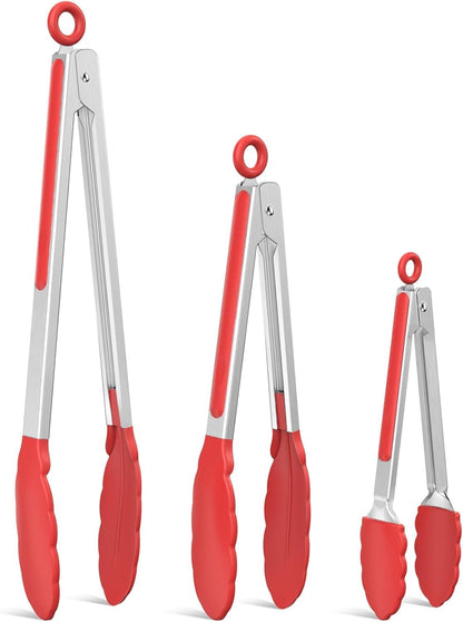 Tongs For Cooking - Heat Resistant 600 Degrees Stainless Steel Kitchen Tong,Heavy Duty Metal Locking Tongs - Perfect for Food,Salad and BBQ set of 3 (7",9" and 12") Dishwasher (Red)
