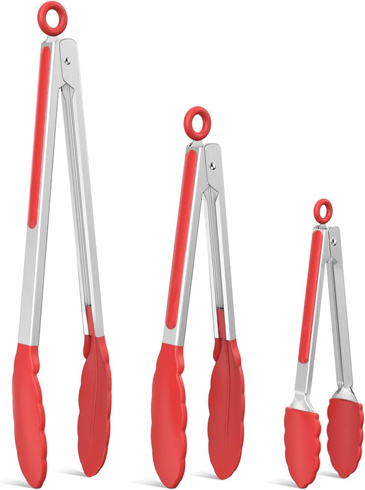 Tongs For Cooking - Heat Resistant 600 Degrees Stainless Steel Kitchen Tong,Heavy Duty Metal Locking Tongs - Perfect for Food,Salad and BBQ set of 3 (7",9" and 12") Dishwasher (Red)