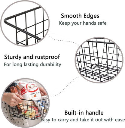 3 Pack Large Wire Baskets for Organizing 14.2'' Metal Wire Baskets with Built-in Handles, Wire Storage Basket Black Metal Freezer Organizer Wire Basket for Pantry, Cabinets, Bathroom