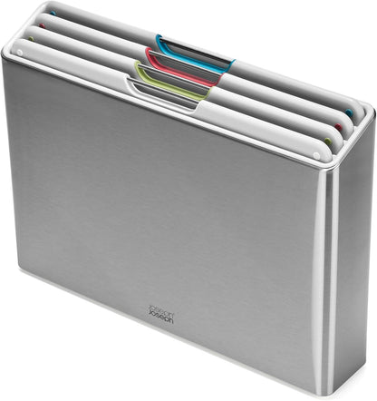 Joseph Joseph Folio 4-Piece Colour coded Cutting Board Set, Stainless Steel Slimline case for organized Kitchen storage, Black