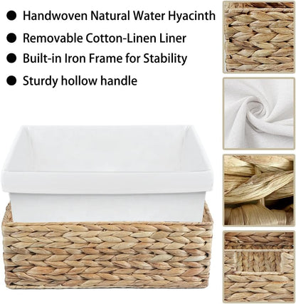 Water Hyacinth Shelf Baskets 4-Pack, Handwoven Wicker Bins with Removable Linen Liners – Divided Upper Compartment & Open Handles, Stackable for Pantry Bathroom Closet