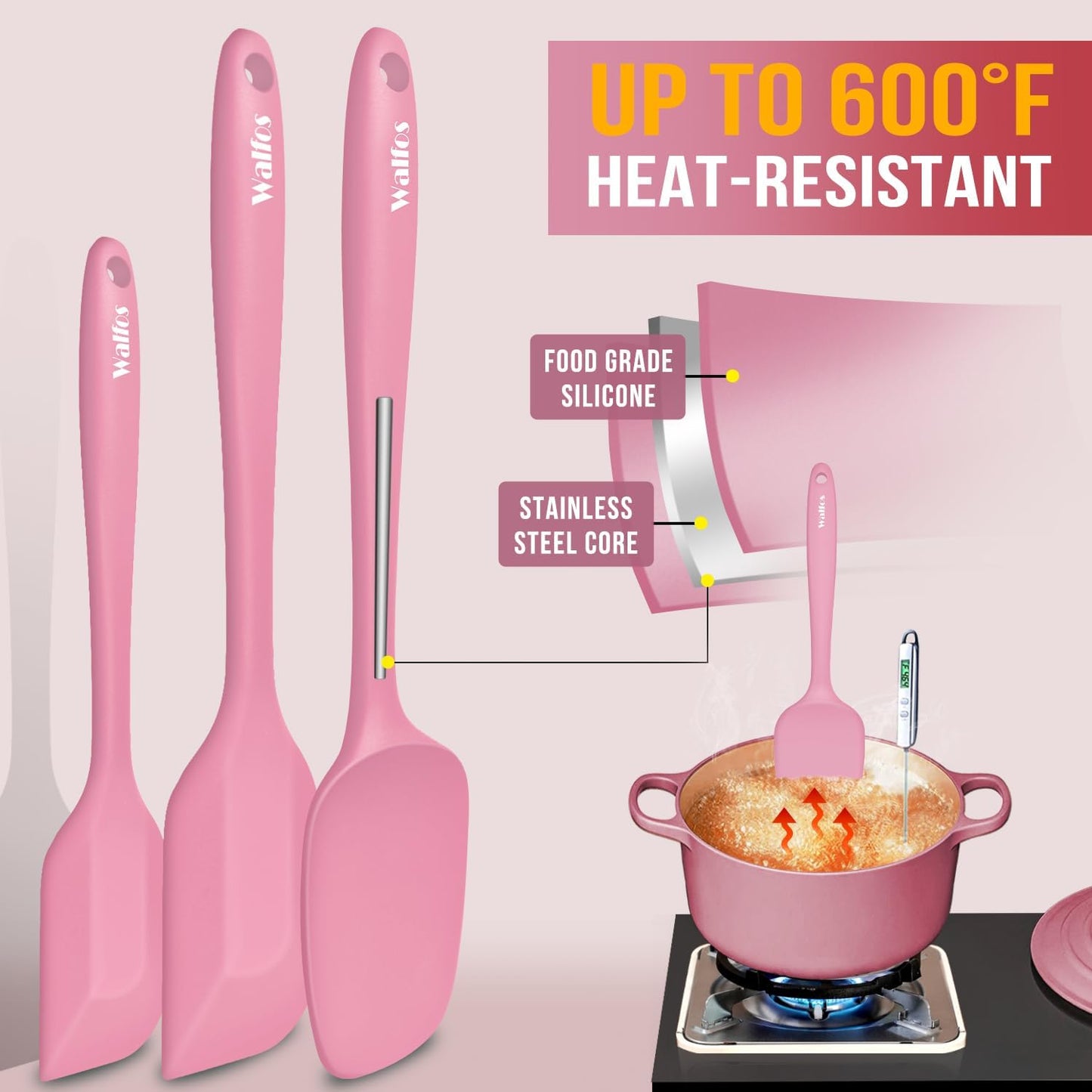 Walfos 600°F High Heat Resistant Silicone Spatula Set of 5- Food Grade Rubber Spatula Set for Baking Cooking & Mixing - BPA Free, Non Stick and Dishwasher Safe,black