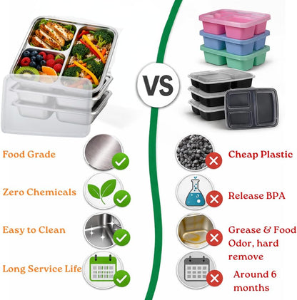 4 Pack Snack Containers for Kids, Stainless Steel Toddler Plates with Lids, 3 Compartment Food Container, Baby Plates, Stainless Steel Lunch Box for Kids, Bento Box Meal Prep Containers