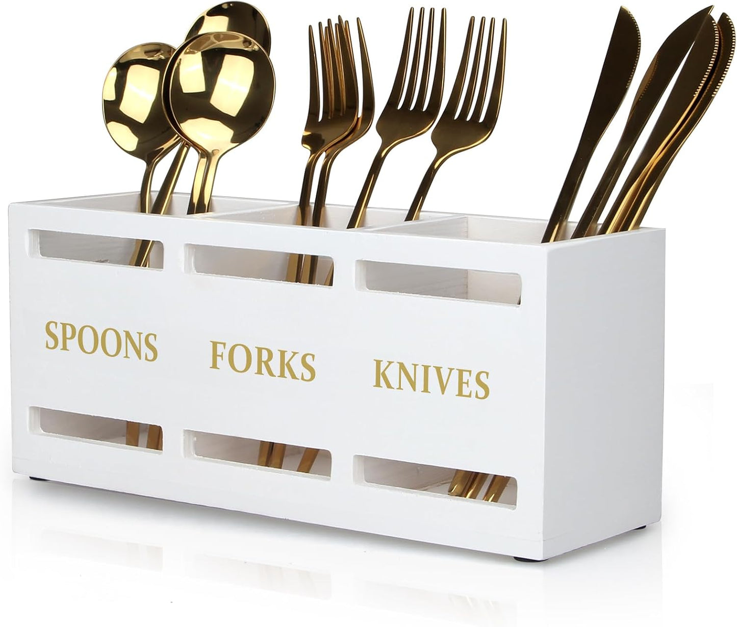 Wooden Silverware Cutlery Holder White Flatware Caddy Small Kitchen Utensil Holders for Party Wood Silverware Organizer Storage for Table Countertop Spoon and Fork Holder Utensils Caddy Basket