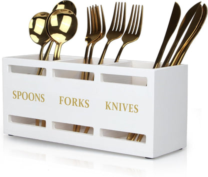 Wooden Silverware Cutlery Holder White Flatware Caddy Small Kitchen Utensil Holders for Party Wood Silverware Organizer Storage for Table Countertop Spoon and Fork Holder Utensils Caddy Basket