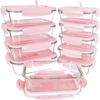 [10 Pack] Pink Glass Meal Prep Containers with Airtight Lids, Microwave, Oven, Freezer/Fridge and Dishwasher Safe, BPA-Free, Motivational #BecomingHer, A Girls' Dream, 640ml and 1040ml