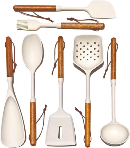 Exquisite Silicone Cooking Utensils Set - Non-Toxic, Heat-Resistant Kitchen Utensils Set with Food-Grade Silicone & Wood Handles - Includes Spatula & Spoon for Non-Stick Cookware, Black