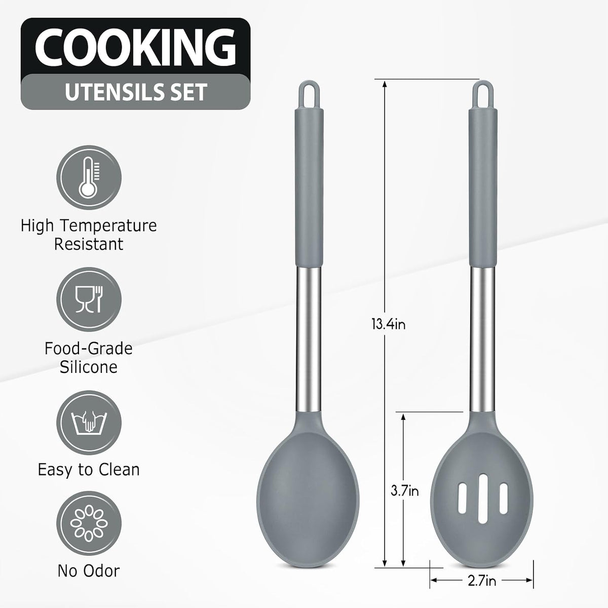 Pack of 2 Large Silicone Cooking Spoons, BPA Free Kitchen Scoops (Black)