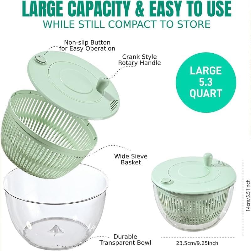 Ceruaxb Salad Spinner Chopper Large with 5 Blades Slicer, Vegetables Fruits Wash Bowl, Lettuce Spinner and Dryer, Egg Yolk Strainer Slicer Shredder for Kitchen Colander, 5.3 Qt, Green