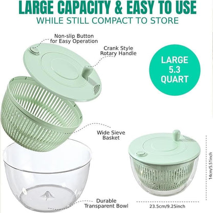 Ceruaxb Salad Spinner Chopper Large with 5 Blades Slicer, Vegetables Fruits Wash Bowl, Lettuce Spinner and Dryer, Egg Yolk Strainer Slicer Shredder for Kitchen Colander, 5.3 Qt, Green
