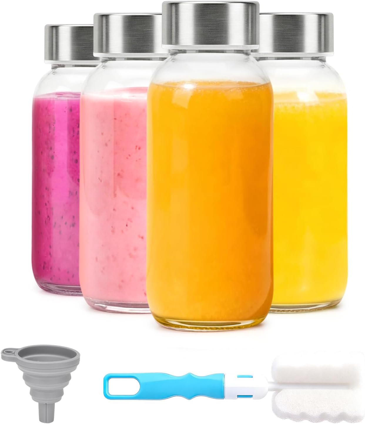 Clear Glass Bottles with Lids 18 oz, Reusable Glass Water Bottles with Stainless Steel Cap for Refrigerator, Juicing, 100% Leak Proof, BPA Free, Juice Bottle Drinking Jar Containers Set of 6