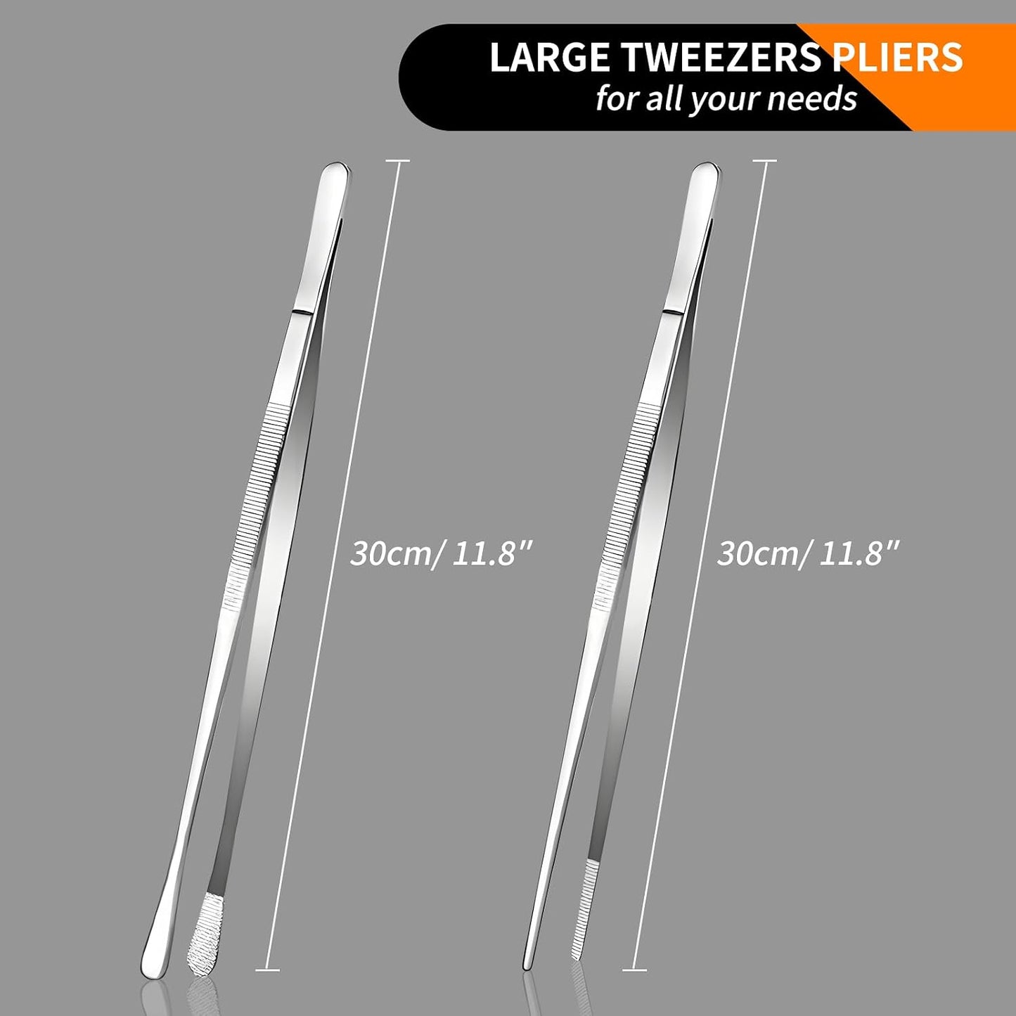 2-Piece Kitchen Tongs Set – 12-Inch Stainless Steel BBQ Tweezers with Straight & Curved Edges, Non-Slip Grip, Heavy Duty for Grilling Steak, Flipping Pancakes, Salads & Cooking