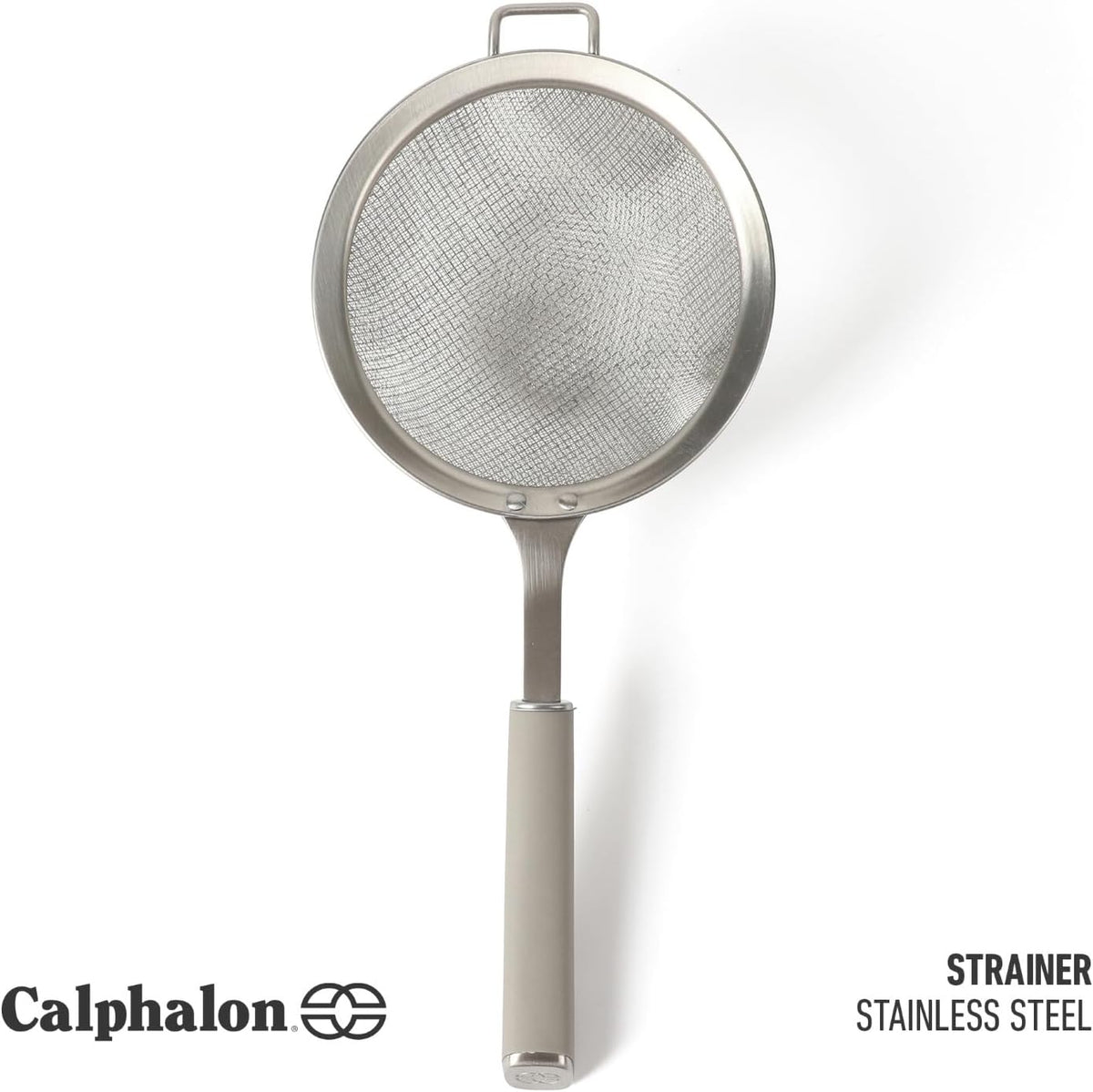 Calphalon Prime Edge 5-Inch Stainless Steel Strainer, Fine Mesh Kitchen Colander Strainer with Thermoplastic Rubber Handle, Sifter for Rinsing, Draining & Straining Food, Navy