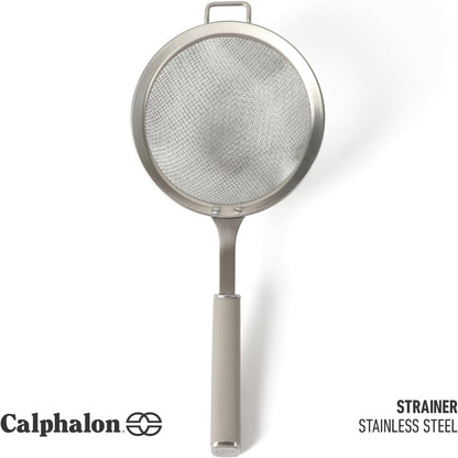Calphalon Prime Edge 5-Inch Stainless Steel Strainer, Fine Mesh Kitchen Colander Strainer with Thermoplastic Rubber Handle, Sifter for Rinsing, Draining & Straining Food, Navy