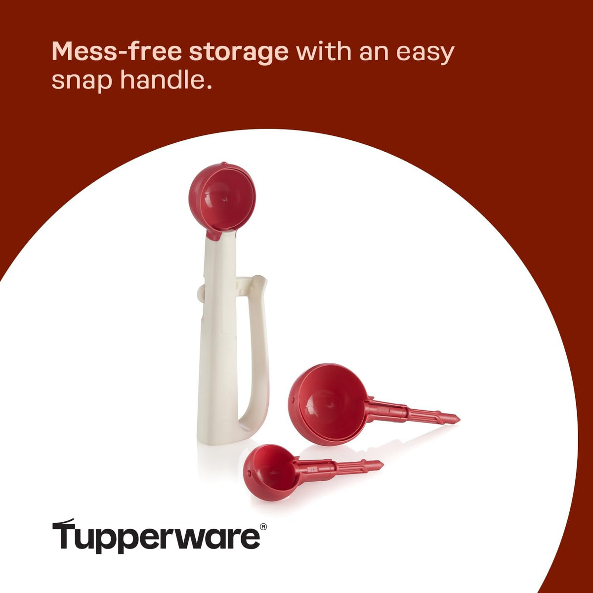 Tupperware Portioning Scoops, Universal Handle and Three Snap-on Scoops (Small, Medium and Large)