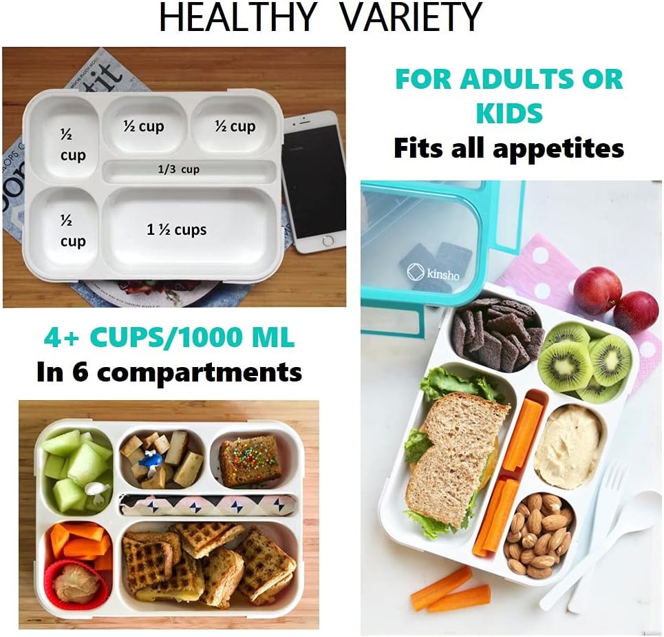 kinsho Bento Lunch-Box Set for Kids includes Snack Container | 6 and 3 Compartment Boxes Leakproof School Bentos, Meal Portion Control Containers, Boys Girls Adults, Navy Blue Large + MINI 2 Pack Set