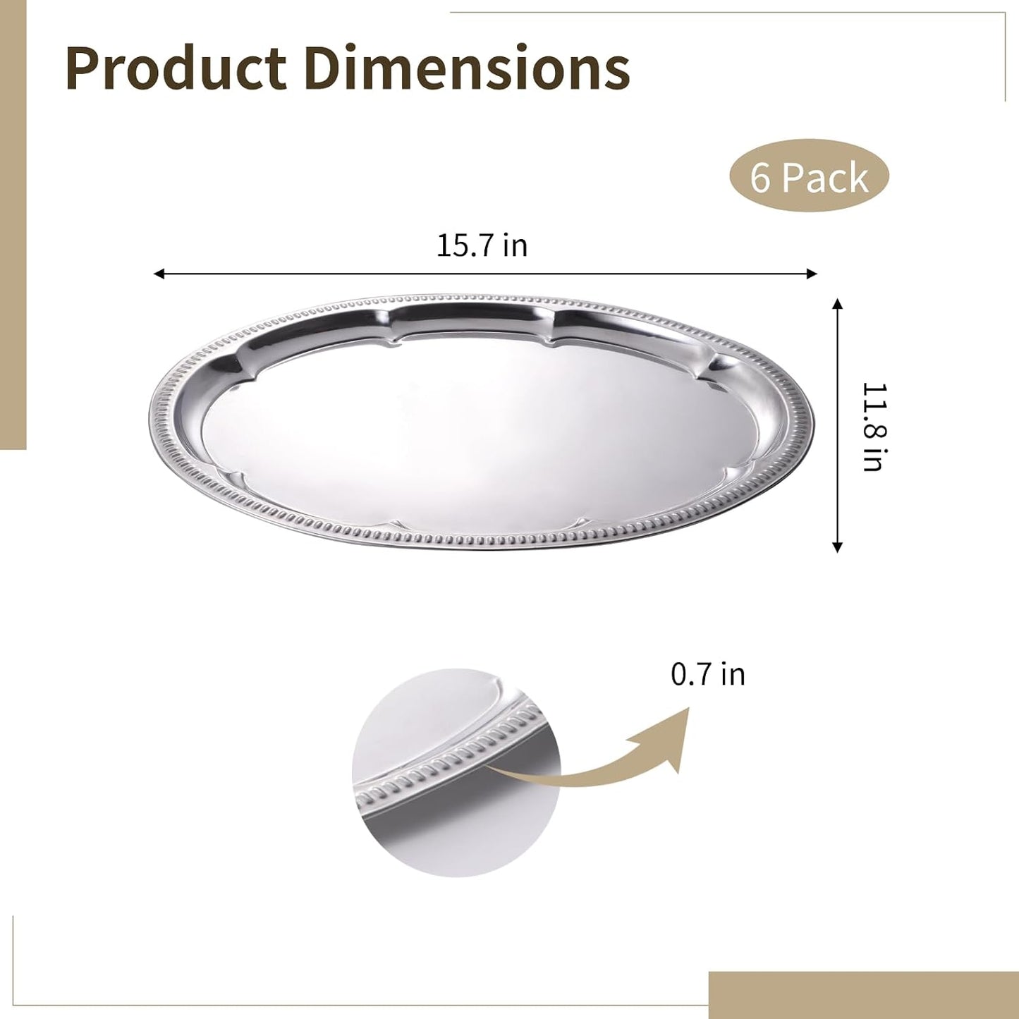 6 Pcs Silver Serving Tray, Large Serving Tray Set for Parties, Events, Stainless Steel Oval Floral Engraved Tray with Polished Surface, Food-Safe, 15.7x11.8 in