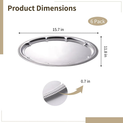 6 Pcs Silver Serving Tray, Large Serving Tray Set for Parties, Events, Stainless Steel Oval Floral Engraved Tray with Polished Surface, Food-Safe, 15.7x11.8 in