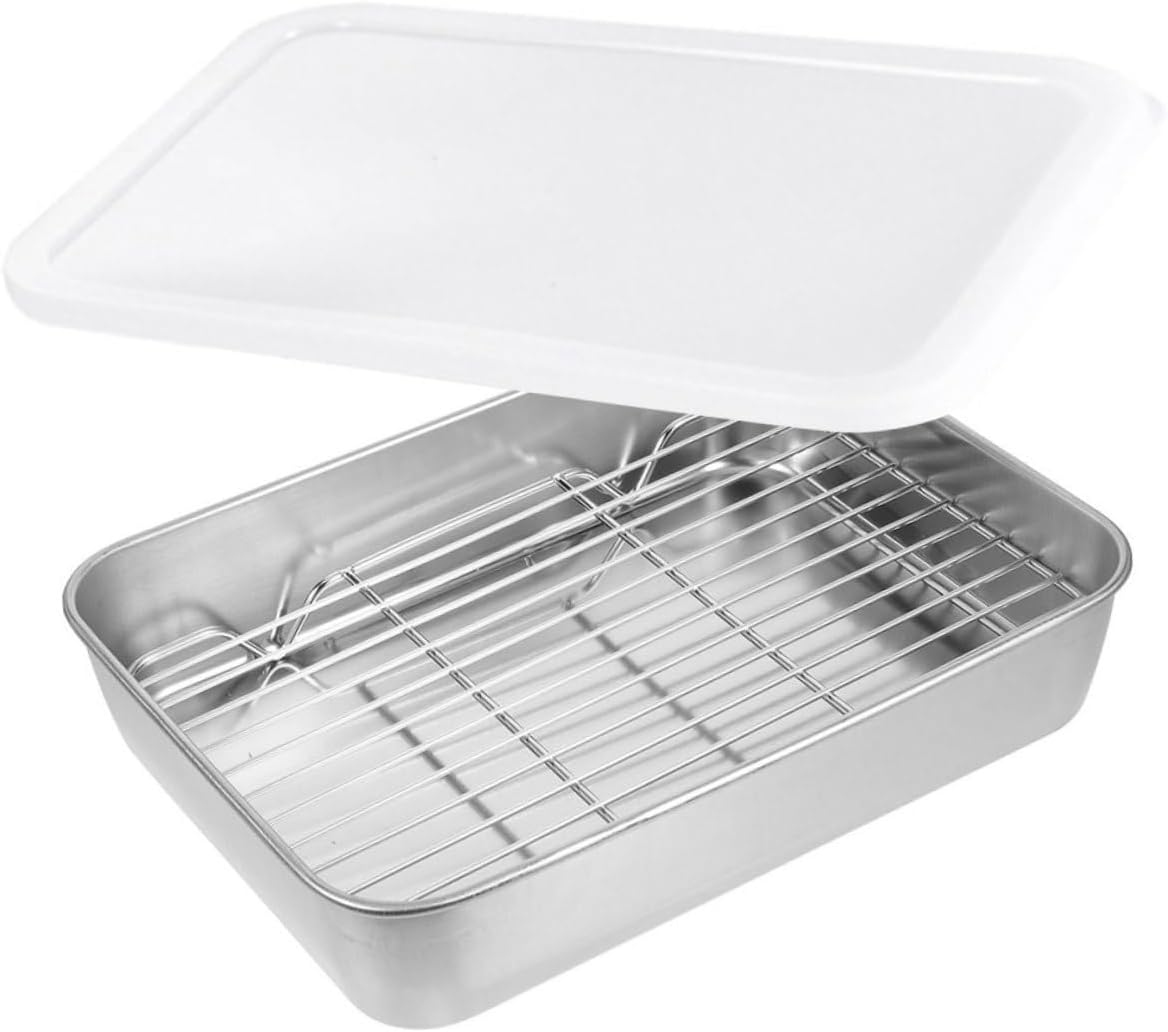 Healifty Stainless Steel Deep Kitchen Prep Tray Oil Filter BBQ Roasting Pan Set for Cooking and Baking Sturdy Food Container Rack for Grilling and Oven Use