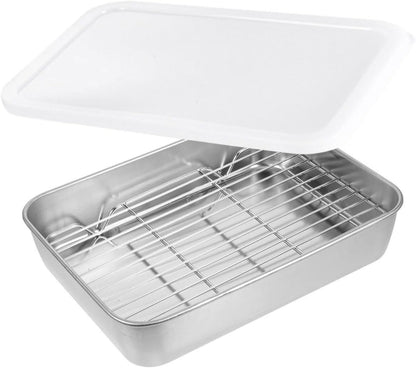 Healifty Stainless Steel Deep Kitchen Prep Tray Oil Filter BBQ Roasting Pan Set for Cooking and Baking Sturdy Food Container Rack for Grilling and Oven Use