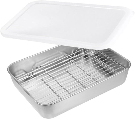 Healifty Stainless Steel Deep Kitchen Prep Tray Oil Filter BBQ Roasting Pan Set for Cooking and Baking Sturdy Food Container Rack for Grilling and Oven Use