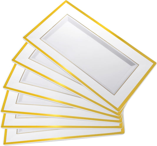 Uenhoy 8 Pcs White Plastic Serving Trays for Party 13" x 8" Rectangle Dessert Trays & Platters with Gold Trim, Fruit Tray Disposable Platters for Cupcake Cookie Dessert Appetizers