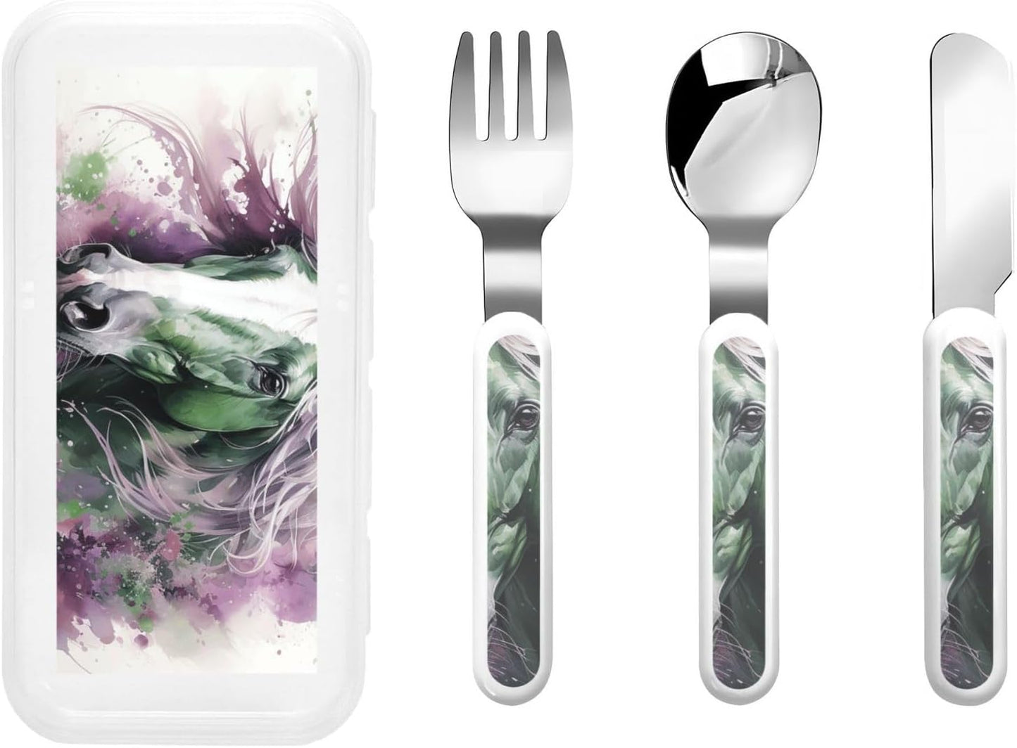 3-Piece Children Utensils Set Green Horse Knife Spoon Fork Set Stainless Steel Silverware Set Easy-Grip Reusable Utensils Set Child Flatware Set with Case for Lunch Travel