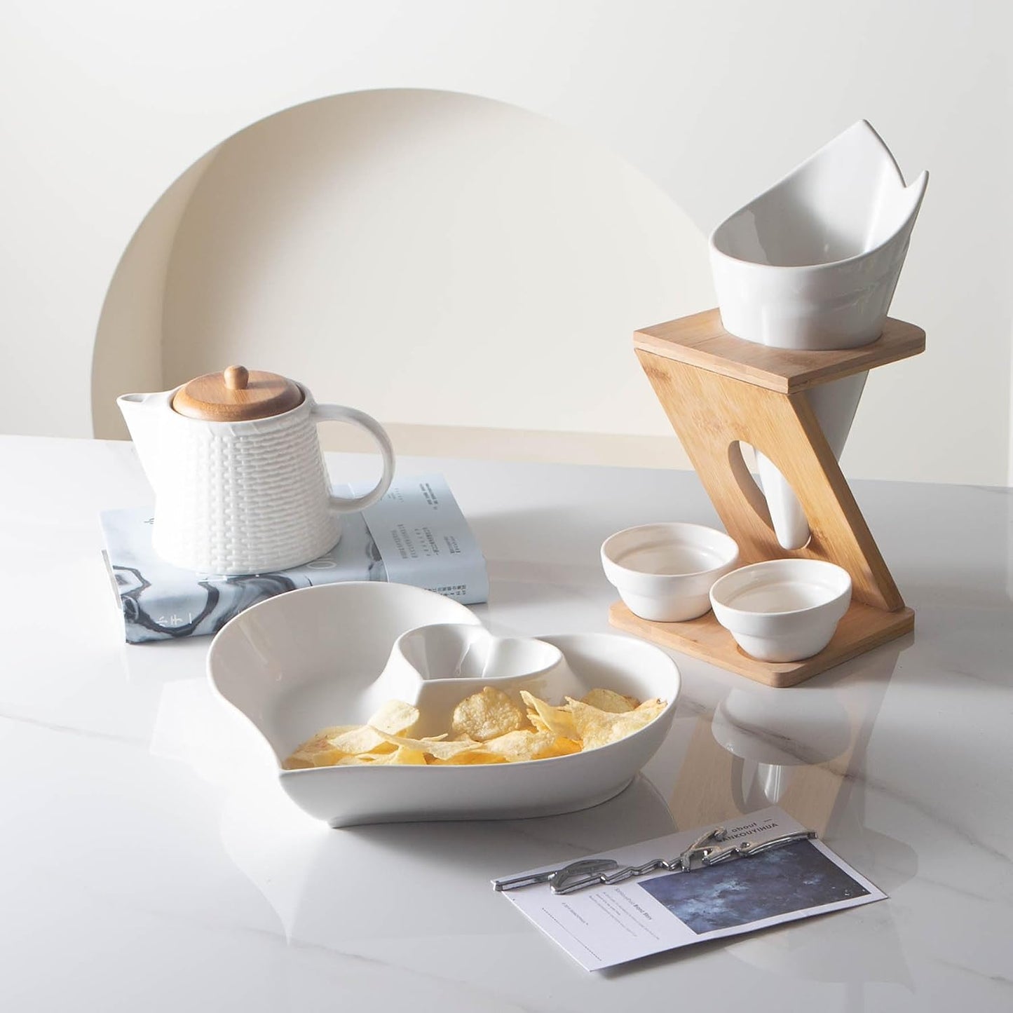 Porcelain Chip and Dip Serving Set,Perfect for Chips and Dip, Veggies, Candy, White