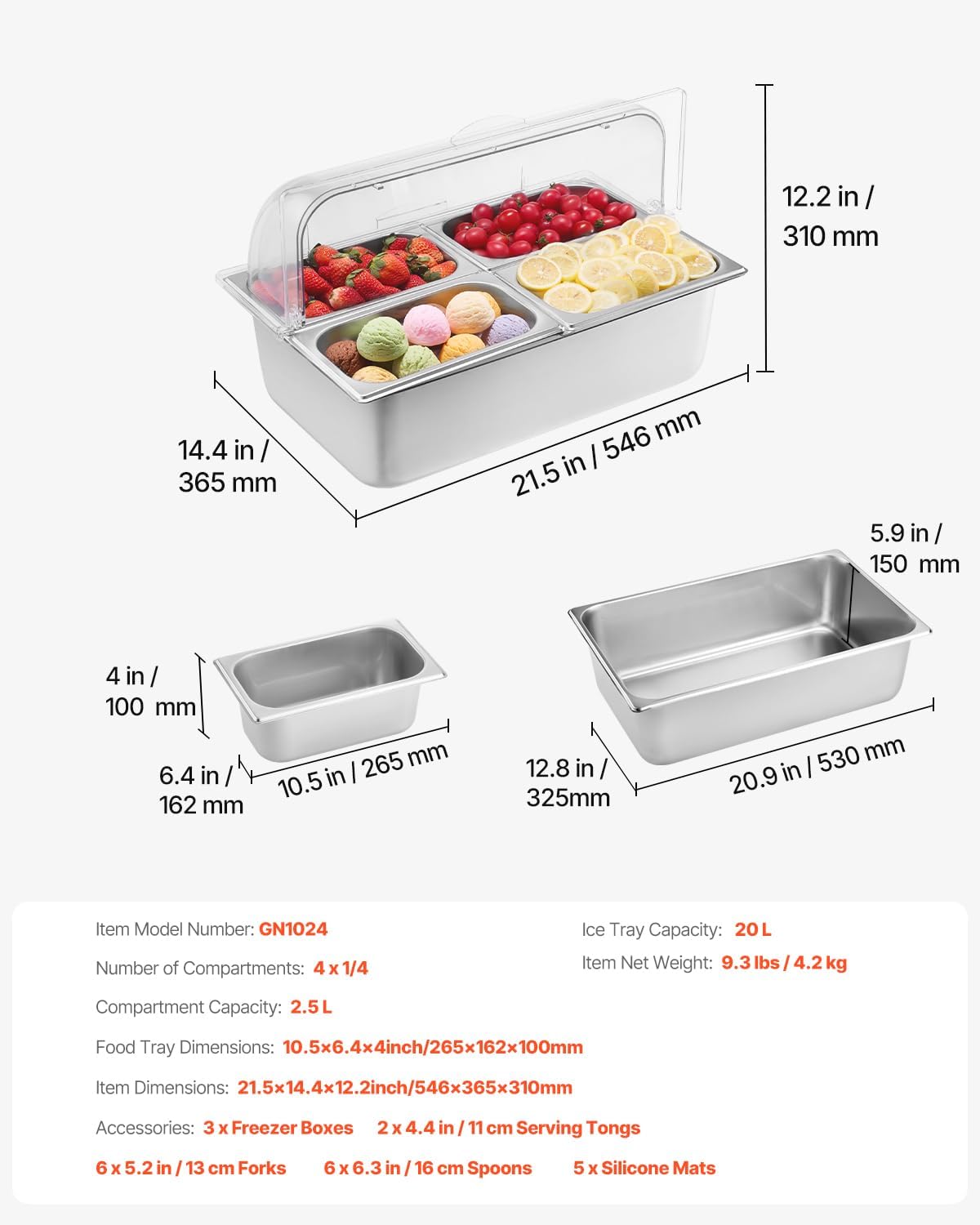 VEVOR Chilled Condiment Server Caddy, 5 Compartment Ice Cooled Serving Container, Plastic Fruit Garnish Tray Platter with Lid, for Taco Salad Bar Accessories, Party Home Restaurant Supplies