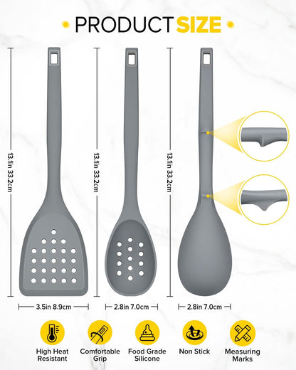 Pack of 4 Silicone Cooking Utensils Set, Non Stick Solid Spatulas and Heat Resistant Slotted Spoons with Back Hooks, Ideal BPA Free Kitchen Utensils Set for Frying,Serving,Turning,Stirring(KHAKI)