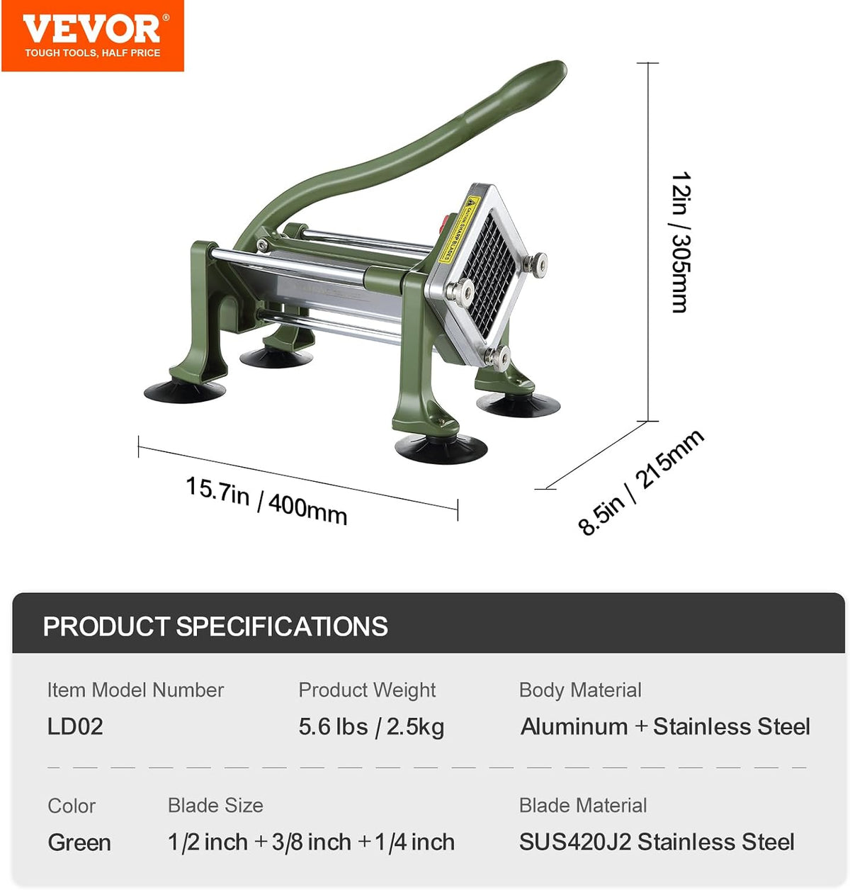 VEVOR French Fry Cutter, Potato Slicer with 1/2-Inch and 3/8-Inch Stainless Steel Blades, Manual Potato Cutter Chopper with Suction Cups, Great for Potato, French Fries, Cucumber, Vegetables, Carrot