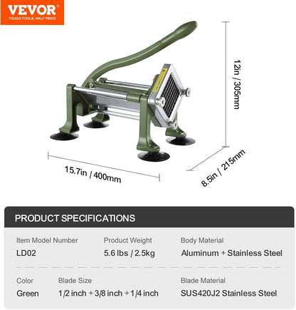 VEVOR French Fry Cutter, Potato Slicer with 1/2-Inch and 3/8-Inch Stainless Steel Blades, Manual Potato Cutter Chopper with Suction Cups, Great for Potato, French Fries, Cucumber, Vegetables, Carrot